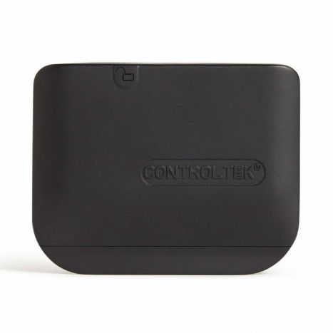 Black security tag that is rectangular in shape is flat enough to fit inside small leather goods.